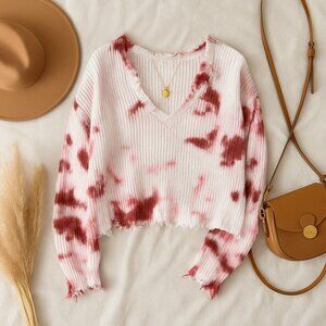 Womens M Grunge Tie Dye Sweater Pink Red V-Neck Distressed Hem Indie Knit Top